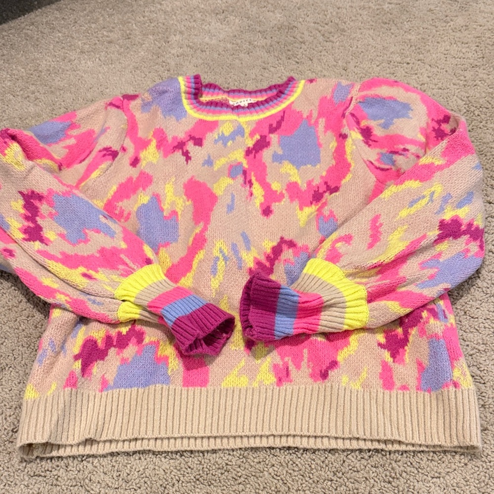 JODIFL Pink Multi Crewneck Sweater with Yellow & Lavender Accents